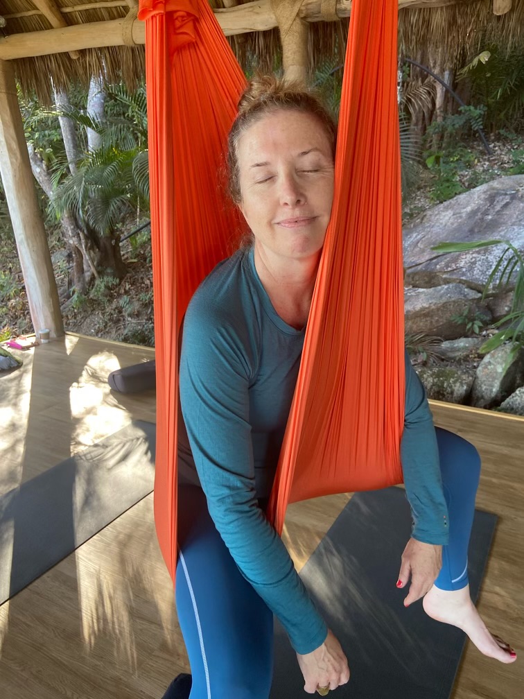 Karin during aerial yoga class